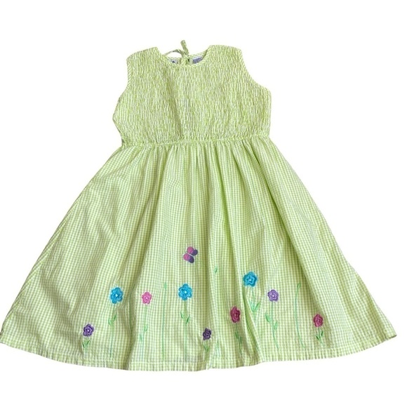 Vintage Hearts & Flowers Smocked Green/white Gingham Sundress Ties at Back Sz 12 - Picture 6 of 15